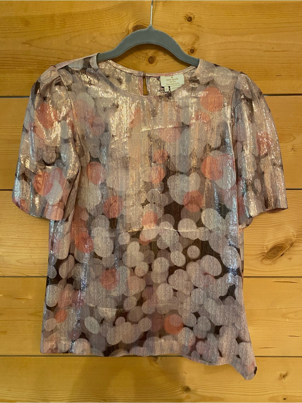 kate spade Pink and Silver Silk/Metallic Dot-Print Short Sleeve Blouse